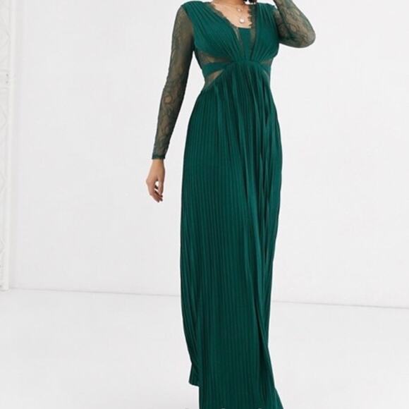 Asos Curve New Sz 16 Pleated Maxi Dress with Lace Sleeves Bridesmaid Deep Green - Picture 1 of 16